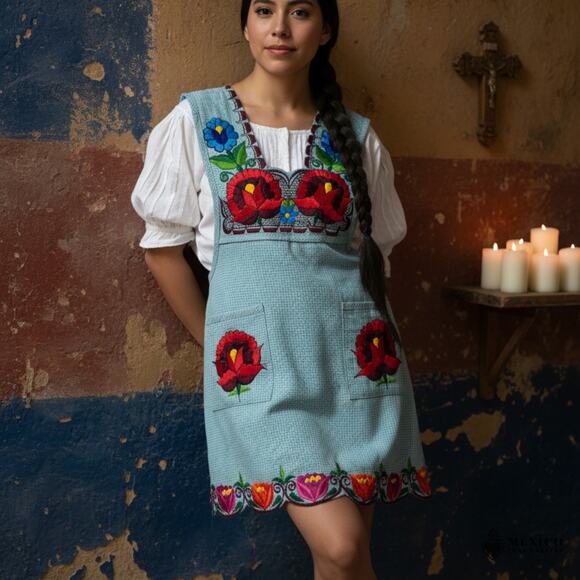 Greens Mexican Embroidered Apron – Basic Handmade Apron with Floral Design - Picture 6 of 13